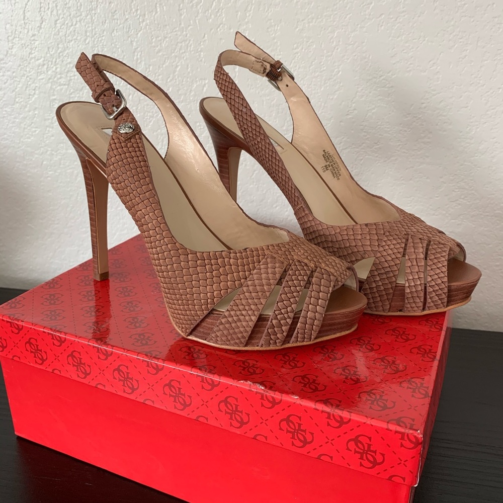 Guess | Brown Leather Caged Toe Slingback Heels